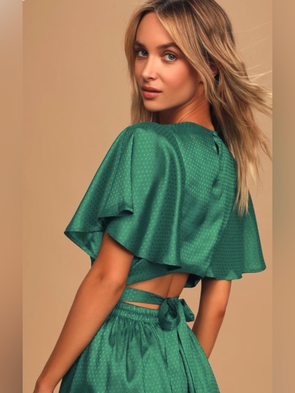 Lulus Green Satin Backless Midi Dress Embossed Tie Back Wedding Guest Party